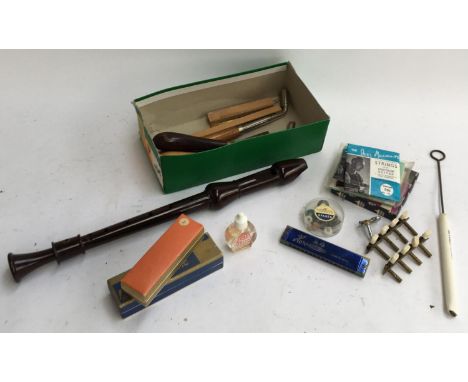 Several harmonicas to include a Chromatic; a treble recorder; piano tuning tools etc 