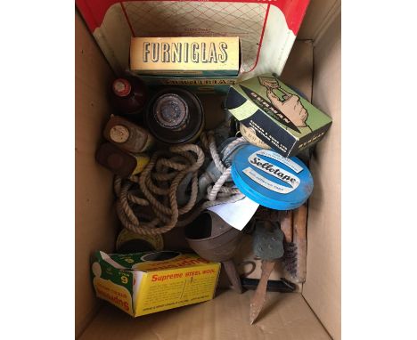 A box of various tools and other hardware, to include galvanised block and tackle, several shears, various jigs, precision me