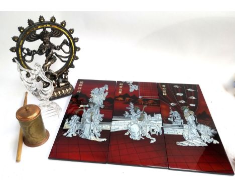 A resin Nataraja statue, 35cmH; together with a set of three Japanese lacquered plaques inlaid with mother of pearl, each 20x