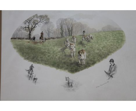 •Nigel Hemming (fl 86).  Hunting scene, figures on horseback with hounds in the foreground, mixed media, 33cm x 43cm.