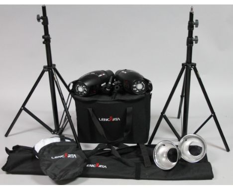 A Lencarta Smart flash base 200 studio head light, another, and various other accessories in canvas bags, etc. (a quantity, v