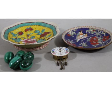 Five various 20thC polished malachite style eggs, a 20thC Chinese dish of floral outline decorated in turquoise and red with 