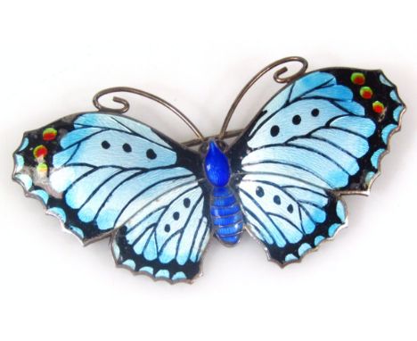 A silver and enamel butterfly brooch, maker JA & S, Birmingham assay, 9cm wide.