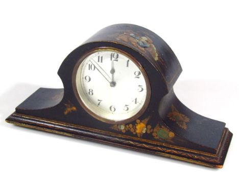A 20thC japanned mantel clock, with 9cm dia. dial in Napoleon hat case, containing a hand wind movement, 15cm high.