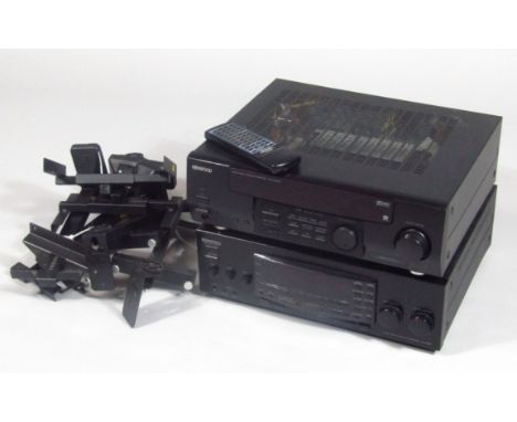A Kenwood KRF-V5030D two tier music system, 30cm high, 46cm wide, 35cm deep. and three pairs of speaker wall mounts.