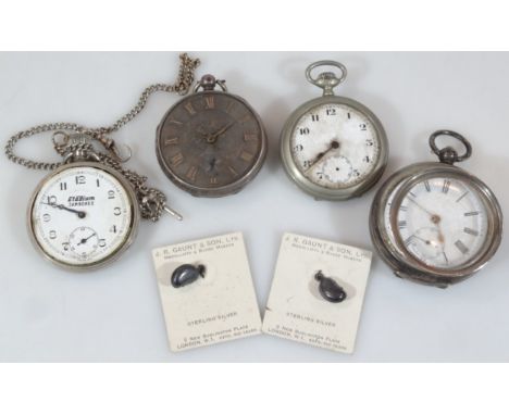 Various open face pocket watches, to include engine turned silver example, 8cm high, another with Roman numeric dial, chrome 