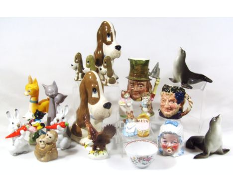 Various 20thC pottery and other figure groups, Beswick Beatrix Potter Ribby 9cm high, etc, character jugs, plastic Bambi orna