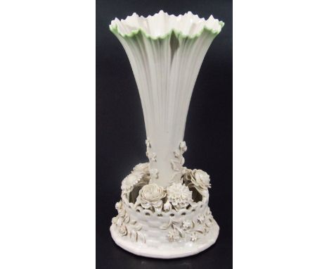 A late 19th/early 20thC Belleek porcelain centrepiece, with flared trumpet stem and flowerhead base, on shaped circular foot,