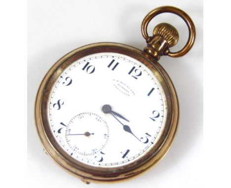 A gold plated pocket watch, with white enamel dial, seconds dial, bezel wind, marked to inside star 169477.