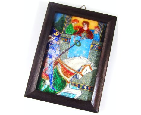 An early 20thC pre-Raphaelite style enamel on metal plaque, of Arthurian figure on horseback with three figures above, profus