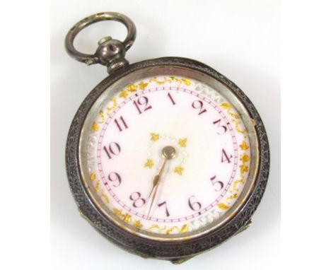 An early 20thC fob watch, with 3cm dia. fancy dial with Arabic numerals and gilt coloured pointers, in an engine turned case 