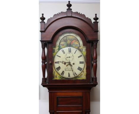 A Victorian mahogany moon rolling eight day long cased clock, the painted dial with 30cm dia. Roman numerals and Arabic subsi