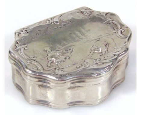 A late 19thC silver gilt snuff box, of shaped outline, heavily decorated with figures with a scroll work outline possibly Dut