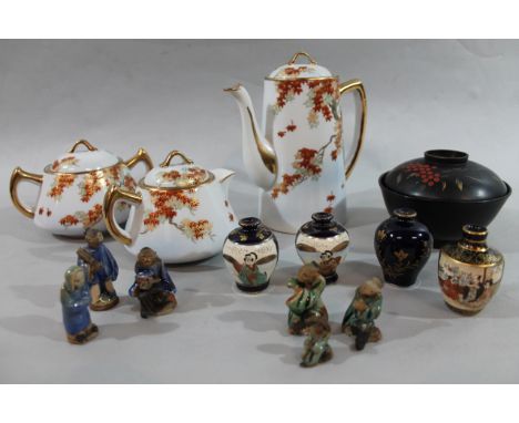 An oriental three piece tea service, to include teapot, 20cm high, various miniature satsuma vases, graduated bowls, figures 