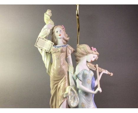 'THE JULIANA COLLECTION' FIGURAL PORCELAIN LAMP AND ANOTHER SIMILAR LAMP the larger lamp with two figures, one playing a viol