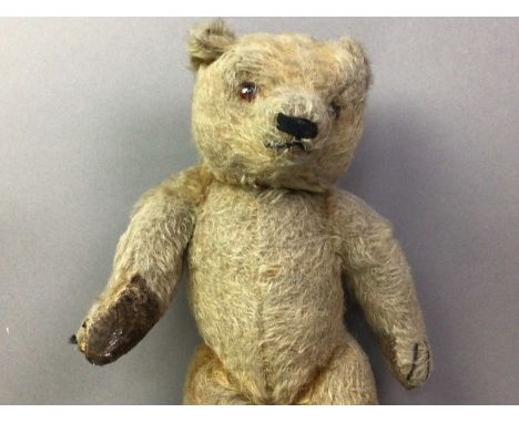 BLONDE PLUSH TEDDY BEAR EARLY 20TH CENTURY  with articulated joints, along with a small Farrell's Alpha Toys plush animalQty: