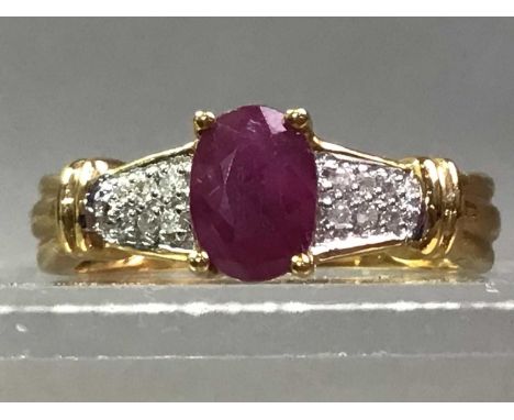 RUBY AND DIAMOND RING marked 10K, size N