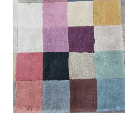 PAIR OF VINTAGE WOOLEN RUNNERS MID-LATE 20TH CENTURY both patterned in variously dyed squares, purchased from The Pier, Georg