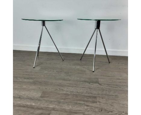 PAIR OF CIRCULAR GLASS SIDE TABLES, A TABLE LAMP AND A CEILING SHADE the glass tables with chrome tripod supportstable 50cm d
