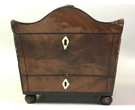 VICTORIAN MAHOGANY TEA CADDY AND SILVER PLATED KNIVES AND FORKS with serpentine formed lid and with bone key escutcheons, alo