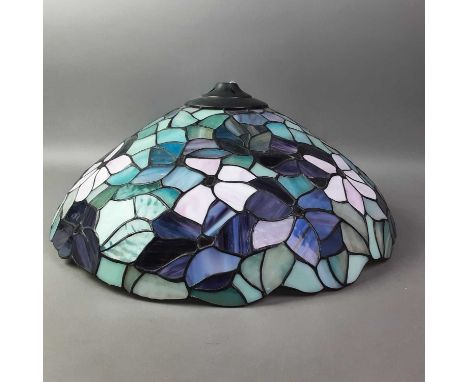 THREE TIFFANY STYLE LAMP SHADES the larger Tiffany style lamp shade in green, purple and pink tones, along with a pair of sma