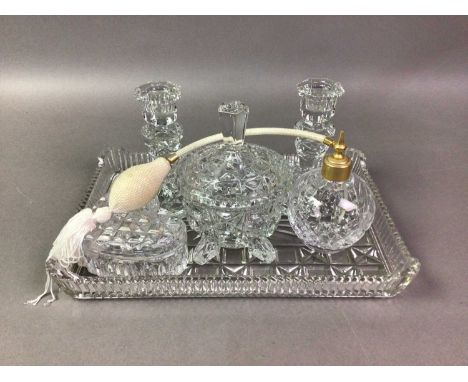 GLASS TRINKET SET AND POSTCARDS comprising tray, pair of candlesticks, perfume atomiser, powder bowl and two heart shaped dis