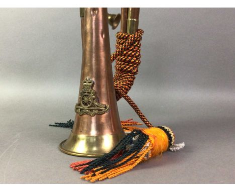 BRASS AND COPPER ROYAL ARTILLERY MILITARY BUGLE along with a brass WWI Highland light infantry bugleQty: 2