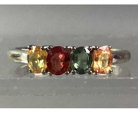 RAINBOW SAPPHIRE RING with yellow, red, green and orange stones, in silver, size R