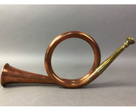 BRASS AND COPPER BUGLE the brass mouthpiece of tapering form