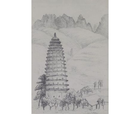 ANNA MARY HOTCHKIS, RSA  (SCOTTISH 1885 - 1984) WEI DYNASTY PAGODA SUNG-SHAM, lithograph, framed under glass, 27 x 40cm