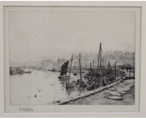 WILLIAM LIONEL WYLLIE (BRITISH 1851-1931), etching of a sea port, signed in pencil and framed under glass, 20 x 15cm
