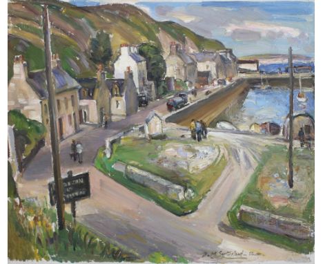 DAVID MACBETH SUTHERLAND R.S.A. (SCOTTISH 1883-1974), Untitled harbour village scene, oil on board, signed and dated, framed,