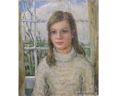 DOROTHY JOHNSTONE A.R.S.A (SCOTTISH 1892-1980), PORTRAIT OF LIZ AS A YOUNG GIRL, oil on board, signed and dated 1974, 38 x 54