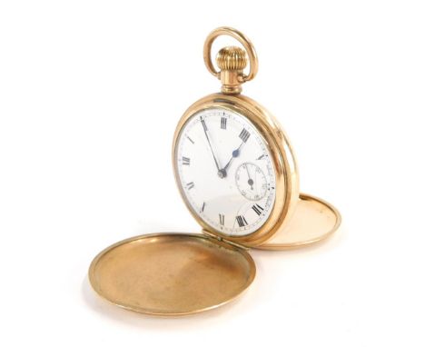 A gold plated full hunter pocket watch, with white enamel Roman numeric dial and seconds dial, blue hands, bezel wind, with i