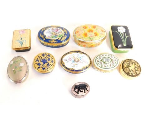 Halcyon Days and other enamel boxes, of oval, rectangular, and circular form, further boxes. (10)