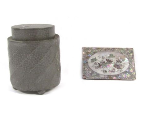 A Civic pewter tea caddy and cover, No 1178, with hammered spiral fluted decoration, 12cm high, together with a Chinese woode