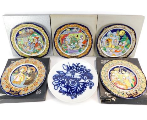 Six Rosenthal porcelain collectors plates, each of blue and white design, 33cm diameter. 