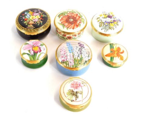 Halcyon Days enamel boxes, botanical decorated, of cylindrical form, various sizes. (7)