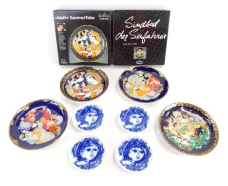 A group of Rosenthal porcelain, comprising four pin dishes, in blue and white with figure of a lady, 9cm diameter, a collecto