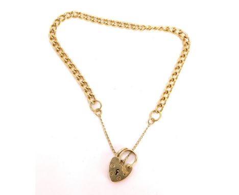 A 9ct gold gate bracelet, the curb link bracelet with safety chain and heart shaped padlock, 20cm long, 9.6g all in, boxed. 