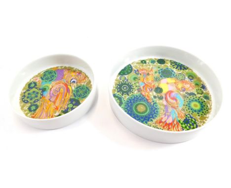 A pair Rosenthal studio line porcelain dishes, decorated with a stylised chicken design, printed marks, 17cm and 15cm diamete