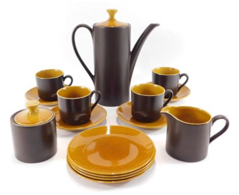 A Myott Intone 1970's brown glazed coffee service, comprising coffee pot, five cups, four saucers, four side plates and a sug