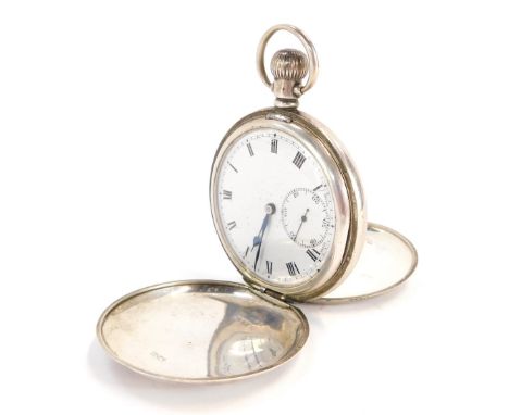 A George VI silver hunter pocket watch, the white enamel dial with Roman numerals, blue hands and seconds dial, bezel wind, B