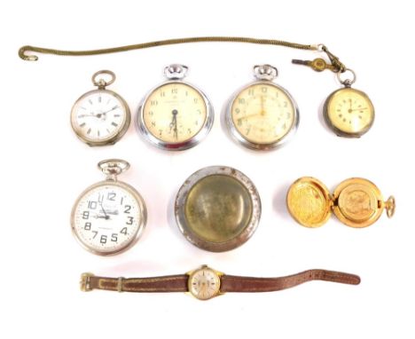 A collection of pocket watches, comprising a continental fob watch, with white enamel dial and painted central panel, white m