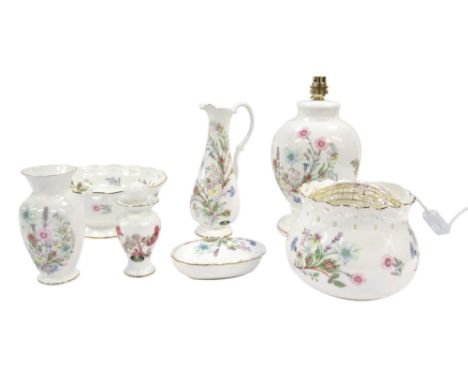 A group of Aynsley porcelain Wild Tudor pattern wares, comprising table lamp, water jug, scent bottle and stopper, oval trink