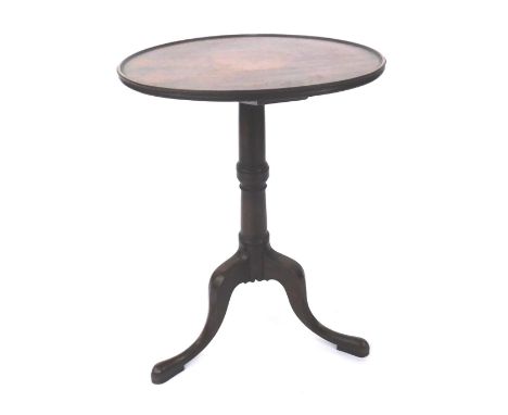 A 19thC oak and mahogany table, with circular dished top on a turned column with tripod base, 71cm high, 48cm diameter. 