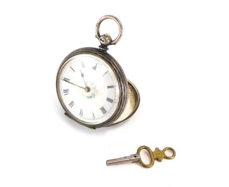A Victorian lady's silver pocket watch, open faced, key wind, white enamel dial bearing Roman numerals and painted centrally 