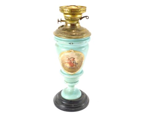 A Victorian turquoise opaque glass oil lamp base, with brass applied top,  with a painted oval panel depicting two figures pl