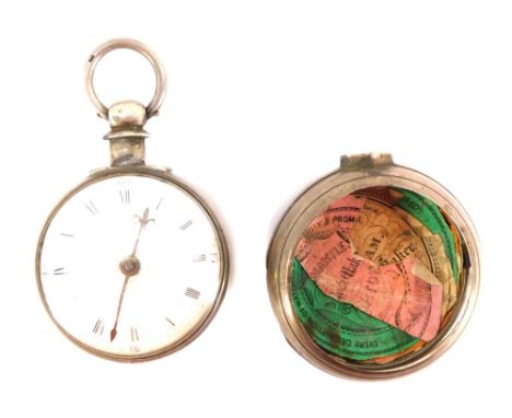 A George III silver pair cased pocket watch, by Joshua Johnson of London, open faced, key wind, enamel dial bearing Roman num