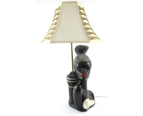 A vintage Tretchikoff style table lamp, depicting a woman, with painted red and white detailing, with shade, 42cm high. 